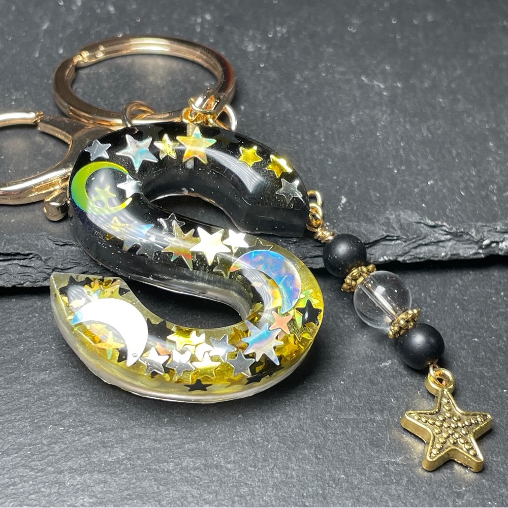 Custom Made Gold Starry Letter “S” Keychain with Clear Quartz and Onyx Charm - Picture 4 of 8